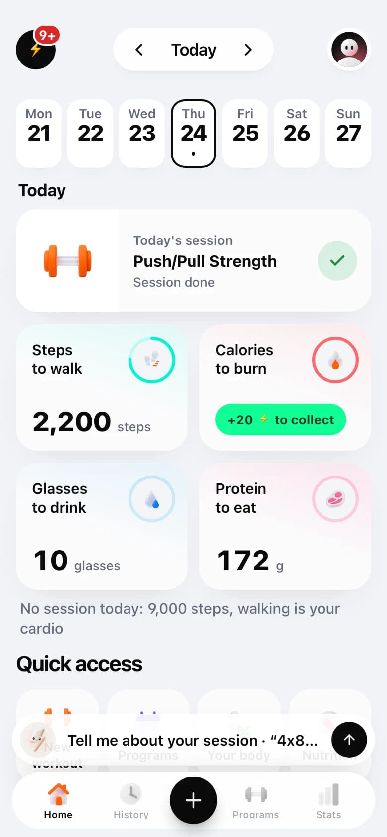 Accueil de l’app 6way : semaine, série, stats du jour
